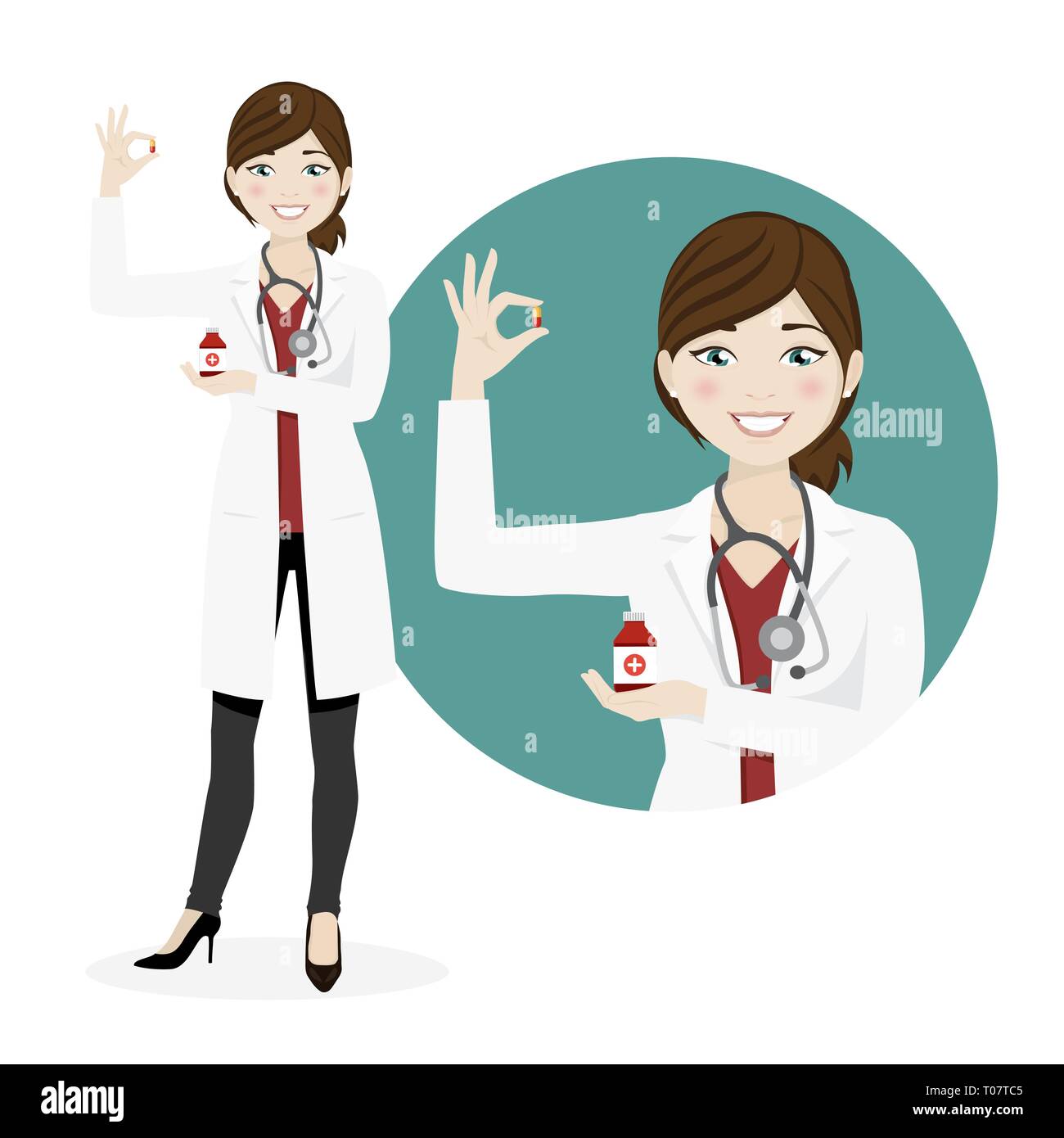 Femme médecin avec des médicaments sur un fond blanc. Vector illustration Illustration de Vecteur