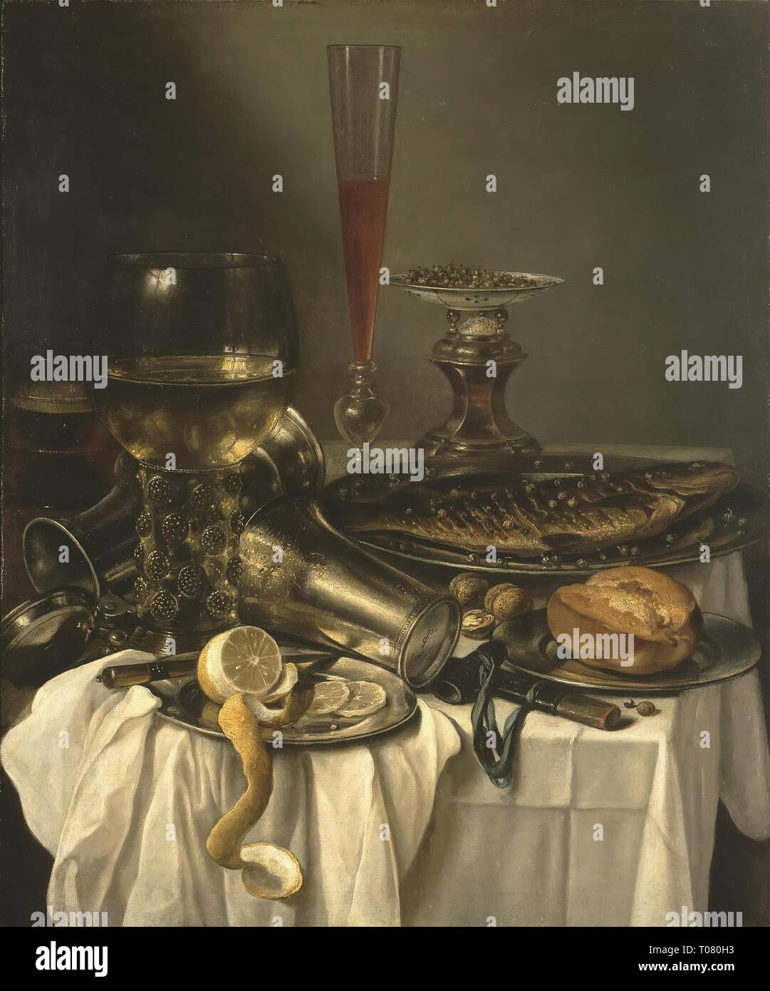 "Le petit déjeuner avec des poissons. Holland, 1653. Dimensions : 80,5x67 cm. Musée : Etat de l'Ermitage, Saint-Pétersbourg. Auteur : Pieter Claesz. ( ?) (Atelier). Banque D'Images