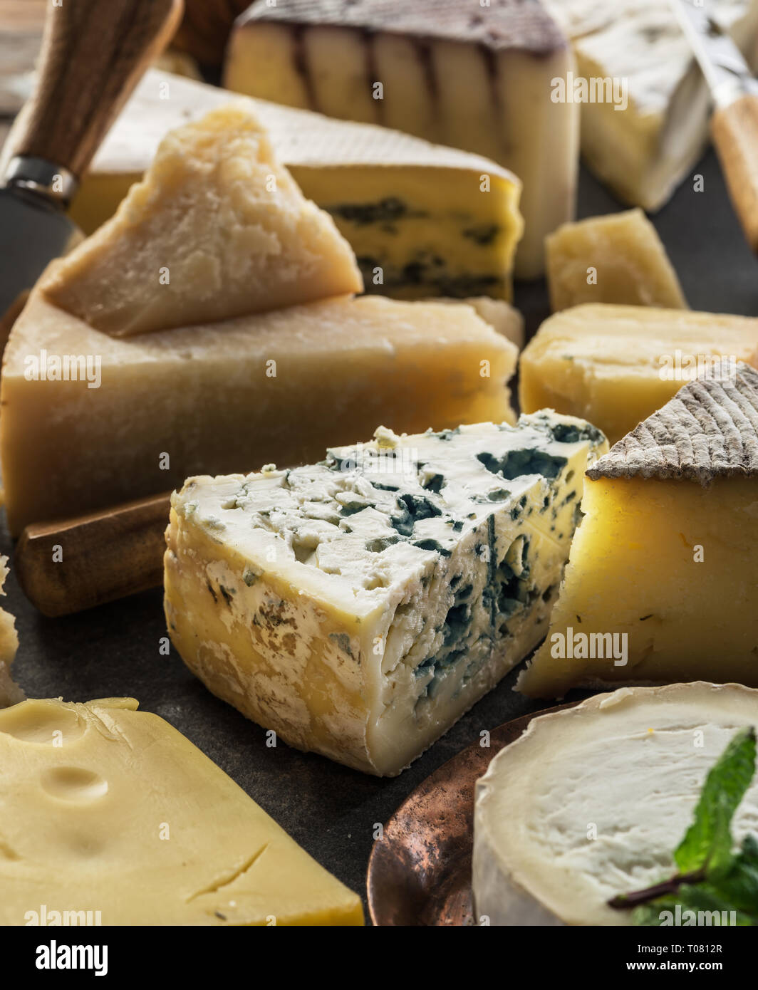 Assiette de fromages avec fromages biologiques sur fond de pierre. Fromage savoureux starter. Banque D'Images