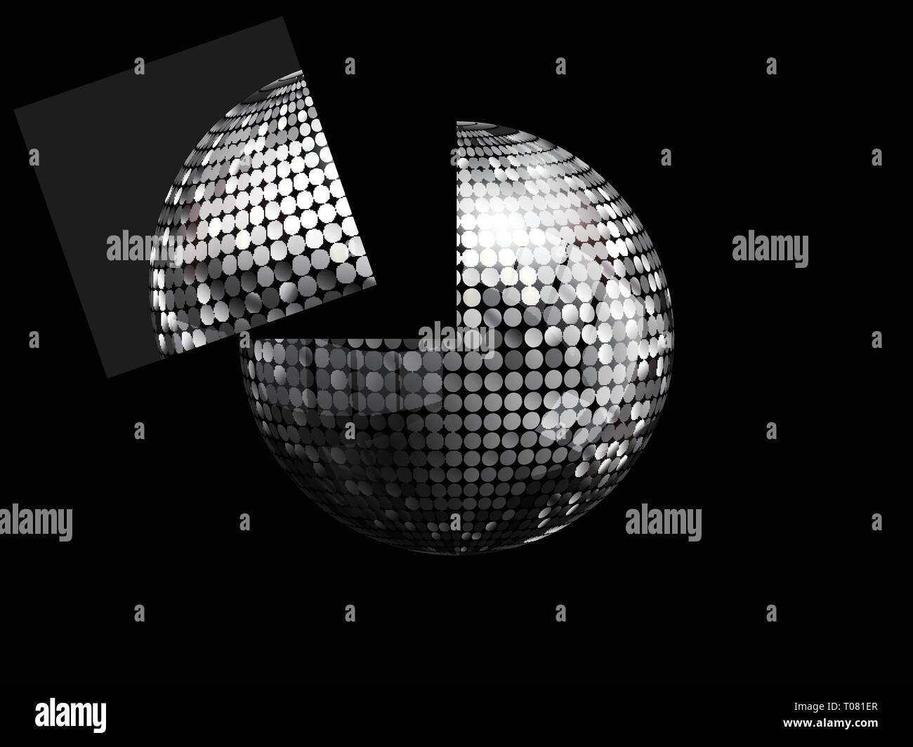 3D Illustration d'argent boule disco avec une partie de celle-ci s'envoler sur fond noir Illustration de Vecteur