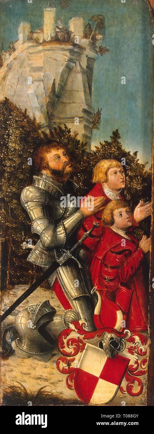 'Portrait d'un Chevalier et ses deux fils'. Allemagne, vers 1518-1520. Dimensions : 32,5x 12,5 cm. Musée : Etat de l'Ermitage, Saint-Pétersbourg. Auteur : Lucas Cranach I (attribué). Banque D'Images