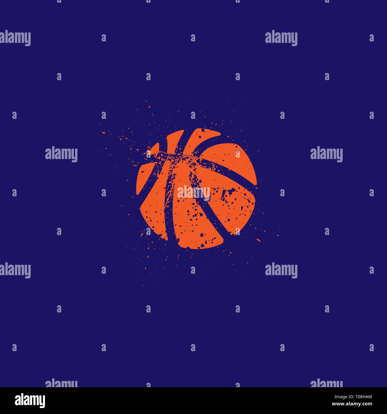 Grunge basketball orange isolé silhouette onn fond bleu foncé Illustration de Vecteur