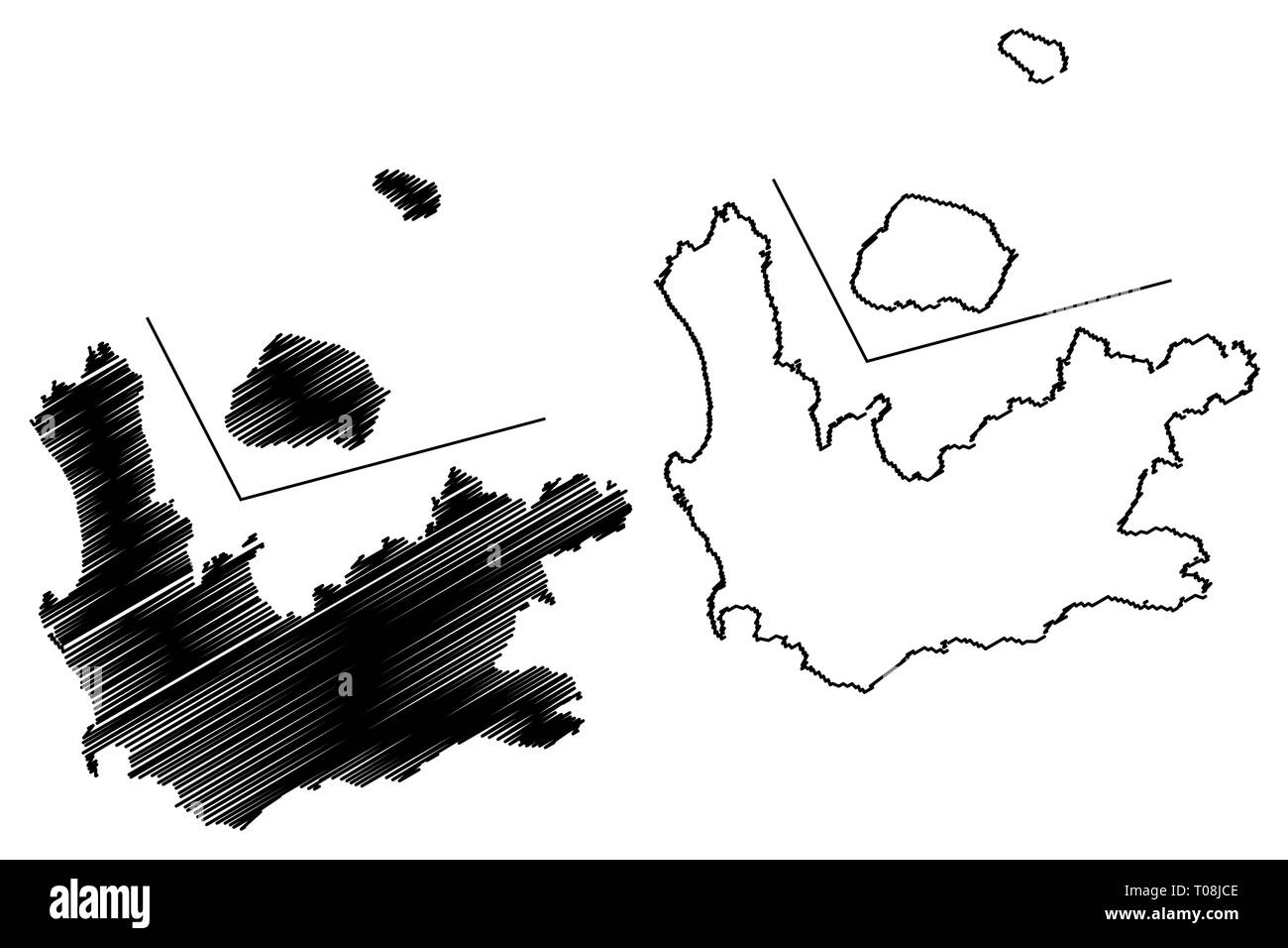 La Province du Cap occidental (Provinces de l'Afrique du Sud, République d'Afrique du Sud, les divisions administratives, RSA) map vector illustration gribouillage, croquis nous Illustration de Vecteur