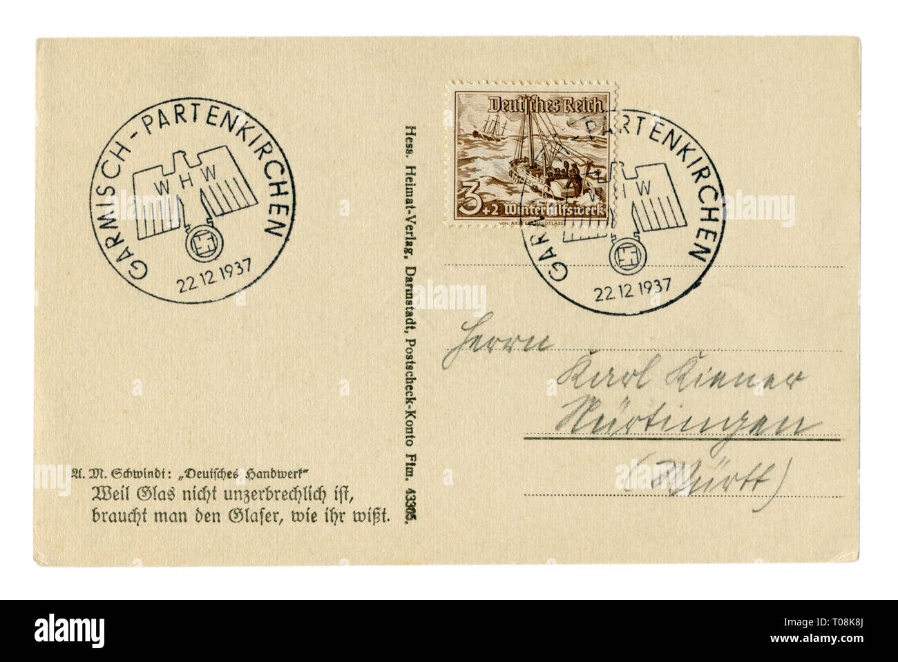 Carte postale historique allemand avec stamp : Sauvetage bateau "Bremen", équipé d'un moteur diesel, conçu pour sauver des gens de couler des navires, WHW, Reich Banque D'Images