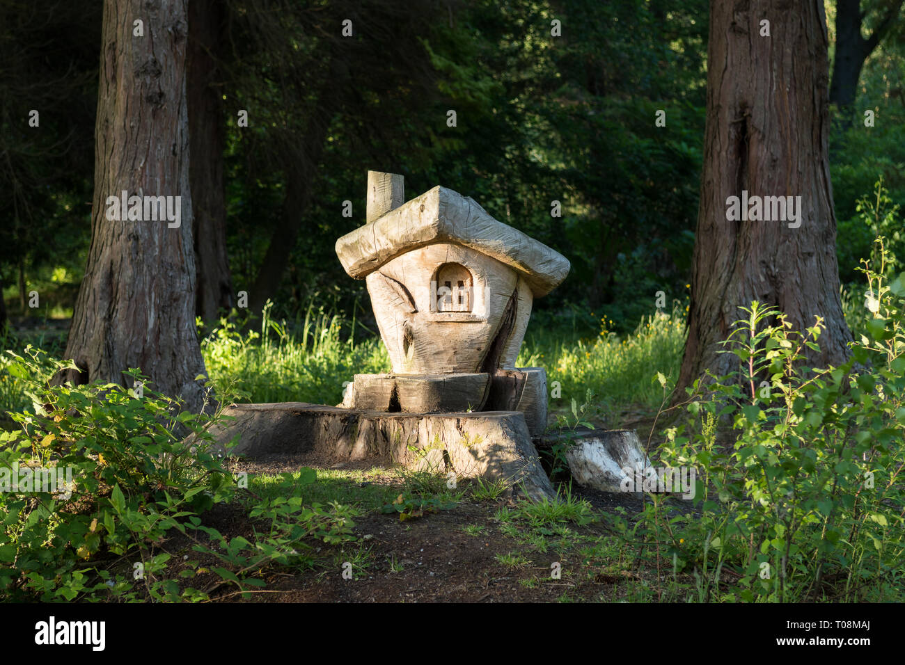 Balloch Castle Country Park Trail Fée - les souches d'arbres y compris maisons de fées sculpté par Patrick Muir, Balloch, West Dunbartonshire, Écosse, Royaume-Uni Banque D'Images