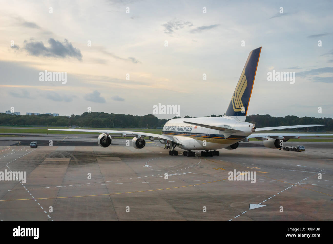 Singapour - Janvier 2018 : Singapore Airlines avion sur la piste de l'aéroport Singapour Changi. Singapore Airlines est la compagnie aérienne porte-drapeau Banque D'Images