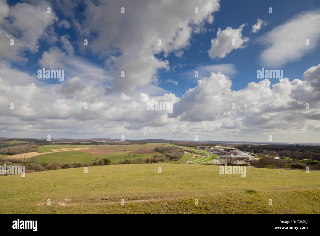 Vue vers l'Hippodrome de Goodwood Estate tiré du lit gigogne (St Roche's Hill) dans le parc national des South Downs près de Chichester, West Sussex, UK Banque D'Images