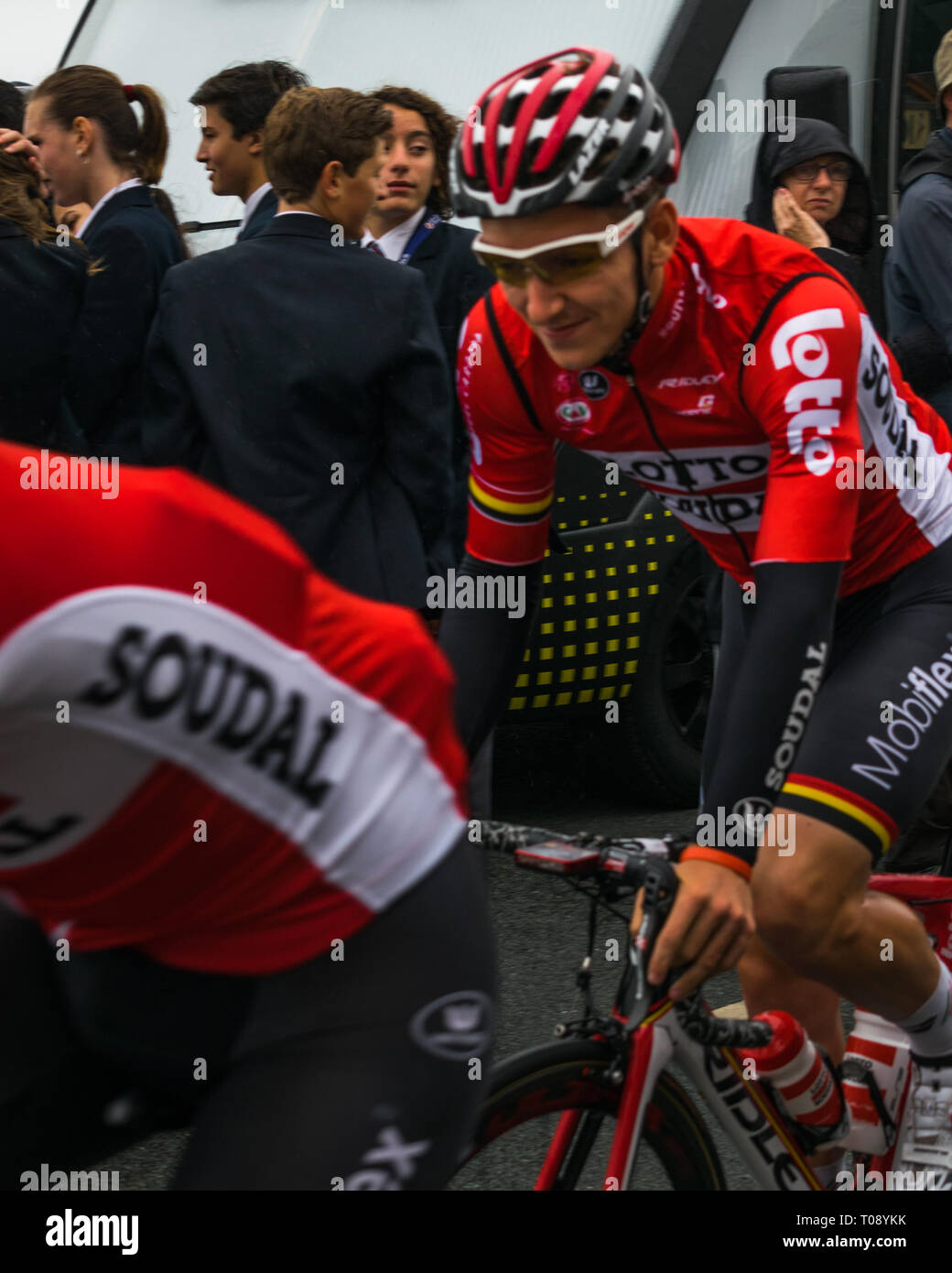 Un Lotto Soudal rider avant l'étape 6 (à Sidmouth The Haytor) de la Tournée 2016 de la Grande-Bretagne dans l'est du Devon, Cornwall, Angleterre du Sud-Ouest, Royaume-Uni. Banque D'Images