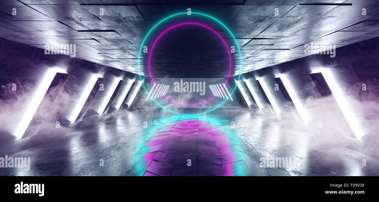 Portail De Brouillard De Fumee En Forme De Cercle Lumineux Neon Sci Fi Club Retro Futuriste Danse Extraterrestre Tunnel Corridor Bleu Violet Sur Ultraviolet Sol Carrele Reflec Photo Stock Alamy