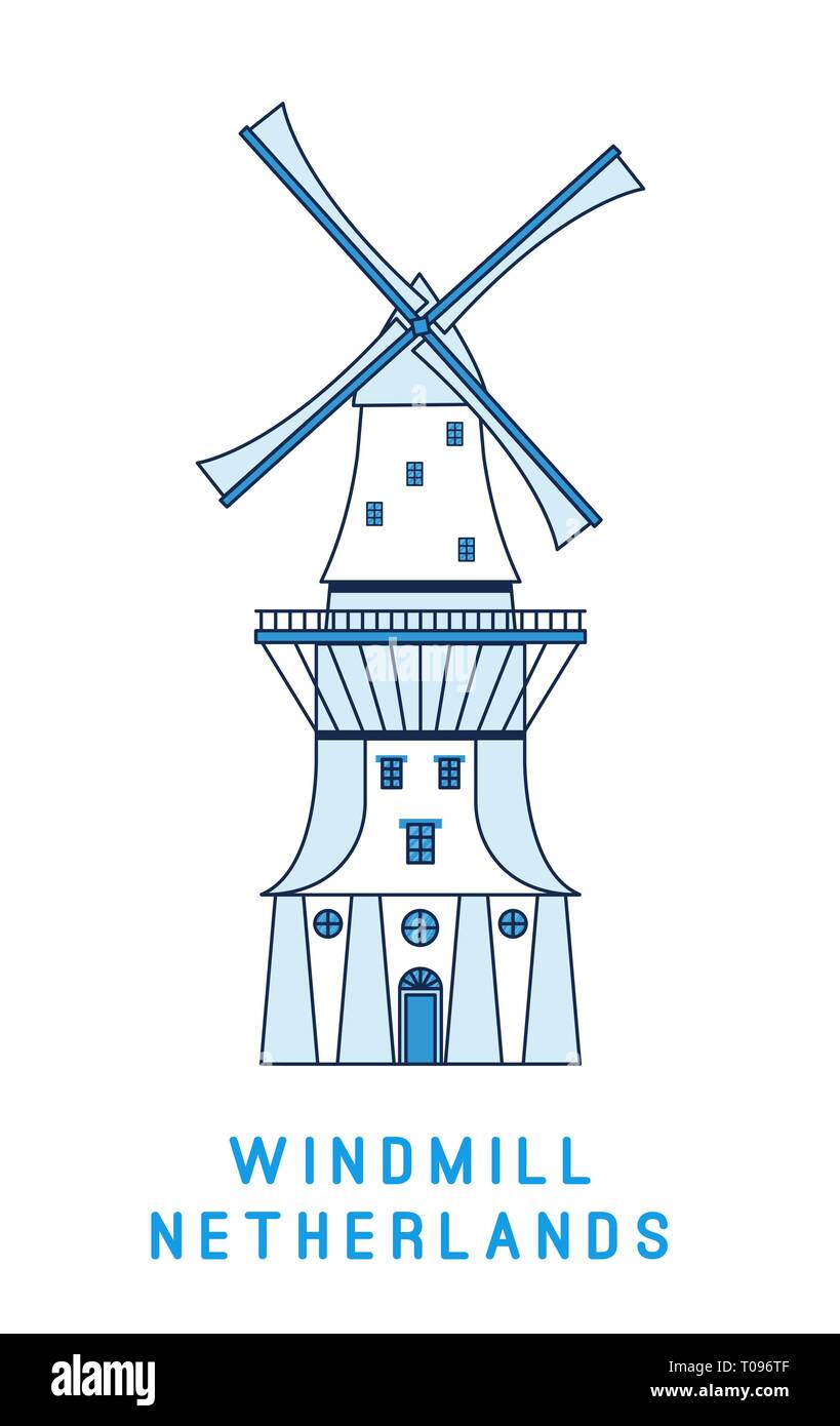 Art en ligne moulin isolé sur fond blanc, symbole des Pays-Bas, vector illustration dans télévision style. Illustration de Vecteur