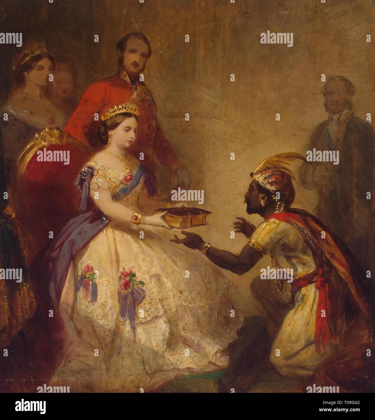 'La reine Victoria donnant la Bible d'un chef de l'Afrique (Le Secret de la grandeur de l'Angleterre)'. Grande-bretagne, 1861( ?). Dimensions : 32x30,5 cm. Musée : Etat de l'Ermitage, Saint-Pétersbourg. Auteur : THOMAS JONES BARKER. Banque D'Images