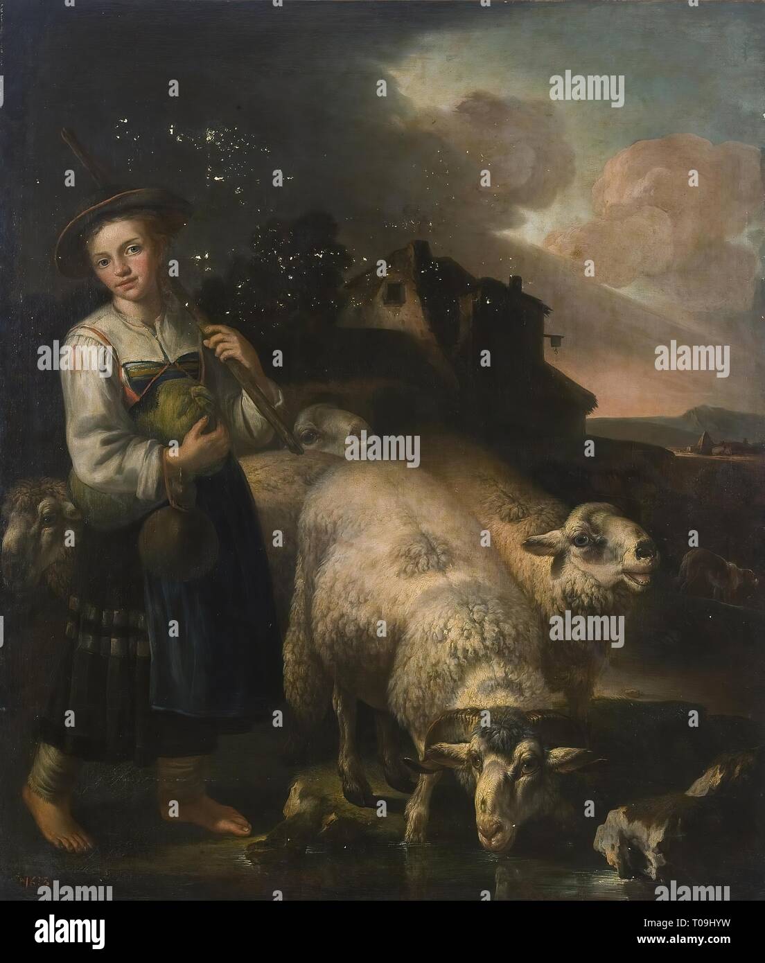 Hepherdess «avec ses moutons". L'Italie. Dimensions : 154x130,5 cm. Musée : Etat de l'Ermitage, Saint-Pétersbourg. Auteur : GIACINTO BRANDI. Banque D'Images