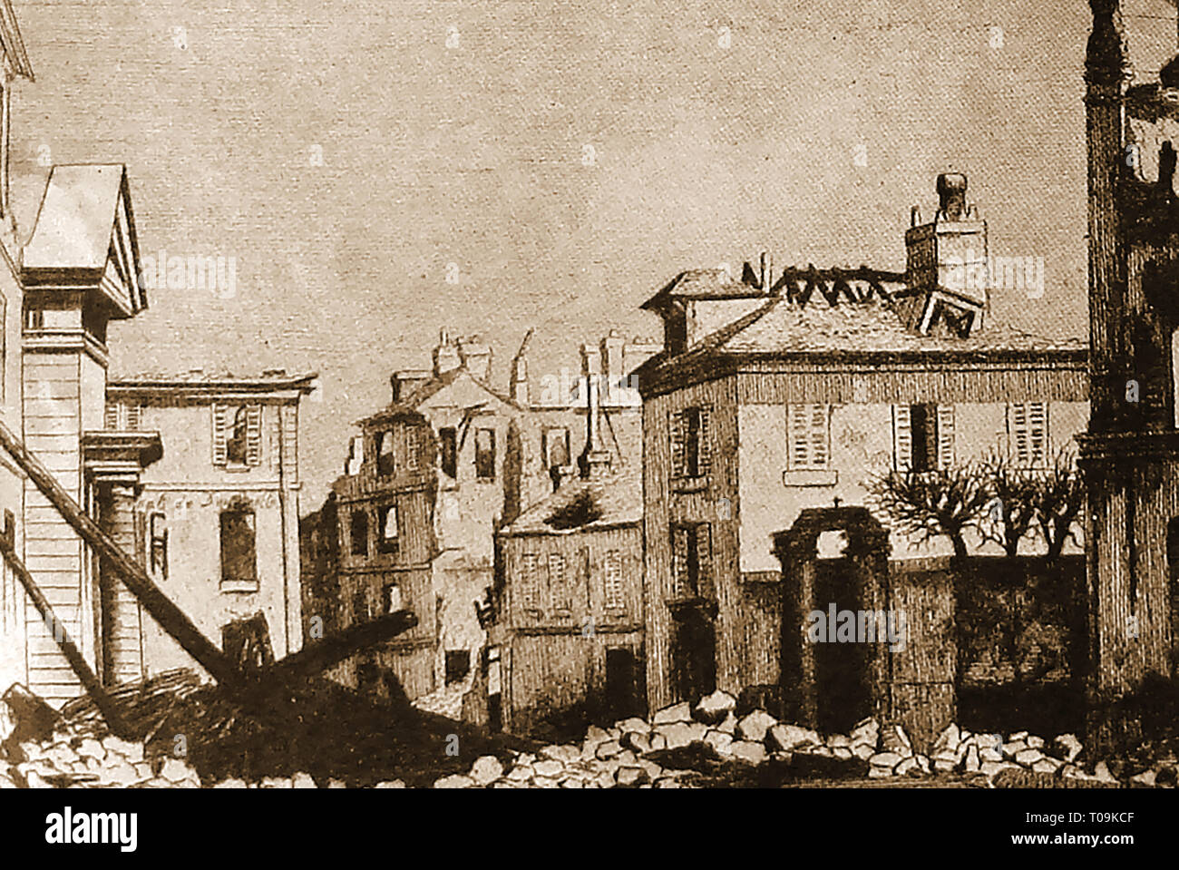 Siege de Paris - ruines à St Cloud - Place de l'Hospice, à St Cloud après le départ des Prussiens à la bataille de Buzenval aka Mont Valrien (1870/1871) Banque D'Images