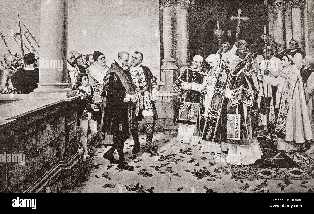 Charles V arrive au monastère de Yuste, Cáceres, Extremadura, Espagne, 1556. Charles V, 1500 - 1558. Saint Empereur Romain, maître de l'Empire des Habsbourg, roi d'Espagne et souverain de l'Empire Espagnol comme Charles I, l'Archiduc d'Autriche, Charles I, et gouverneur de la France en tant que duc de Bourgogne. À partir de la Ilustracion Artistica, publié 1887. Banque D'Images