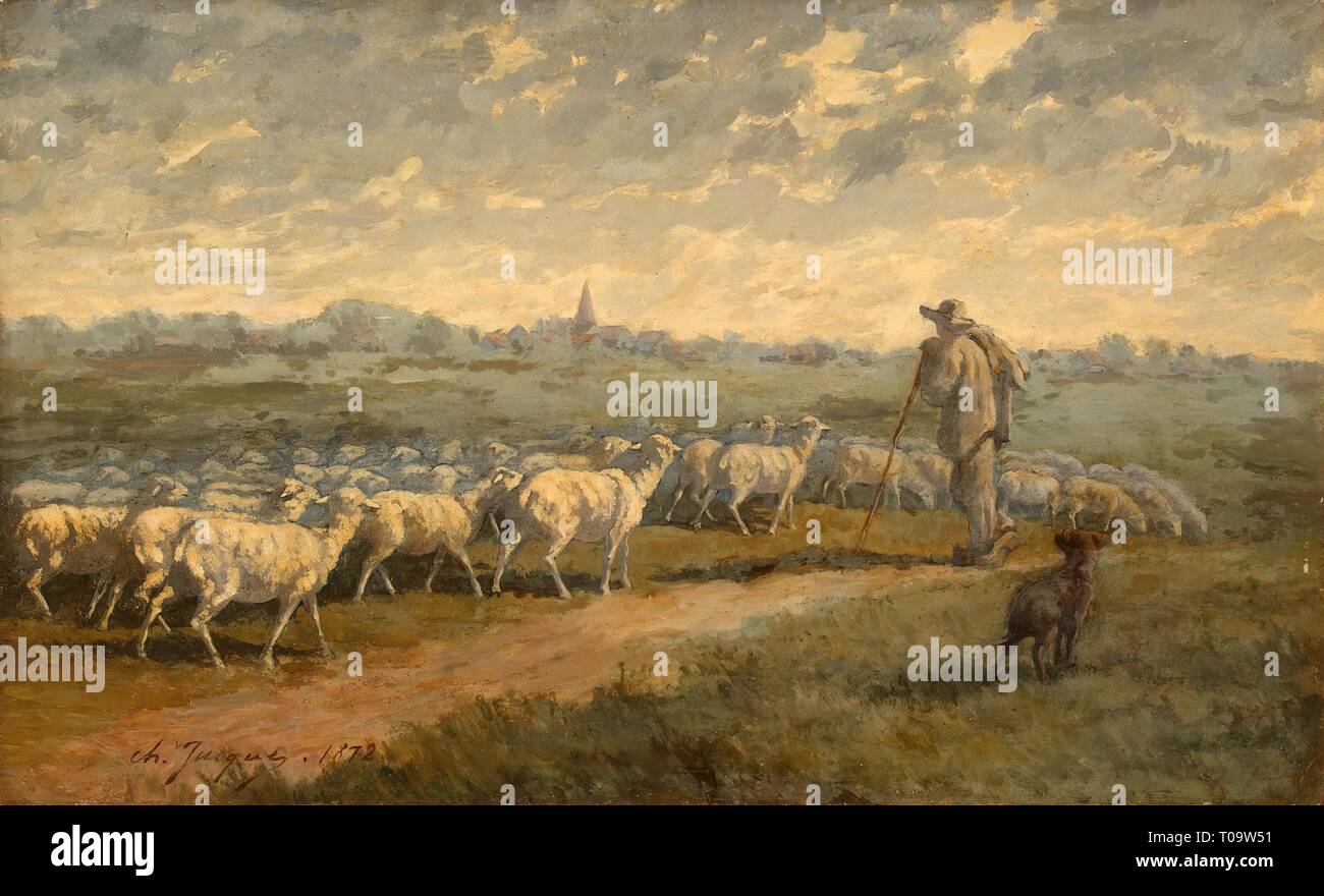 'Paysage avec un troupeau'. France, 1872. Dimensions : 32,5x53,5 cm. Musée : Etat de l'Ermitage, Saint-Pétersbourg. Auteur : Charles Émile Jacque. Banque D'Images
