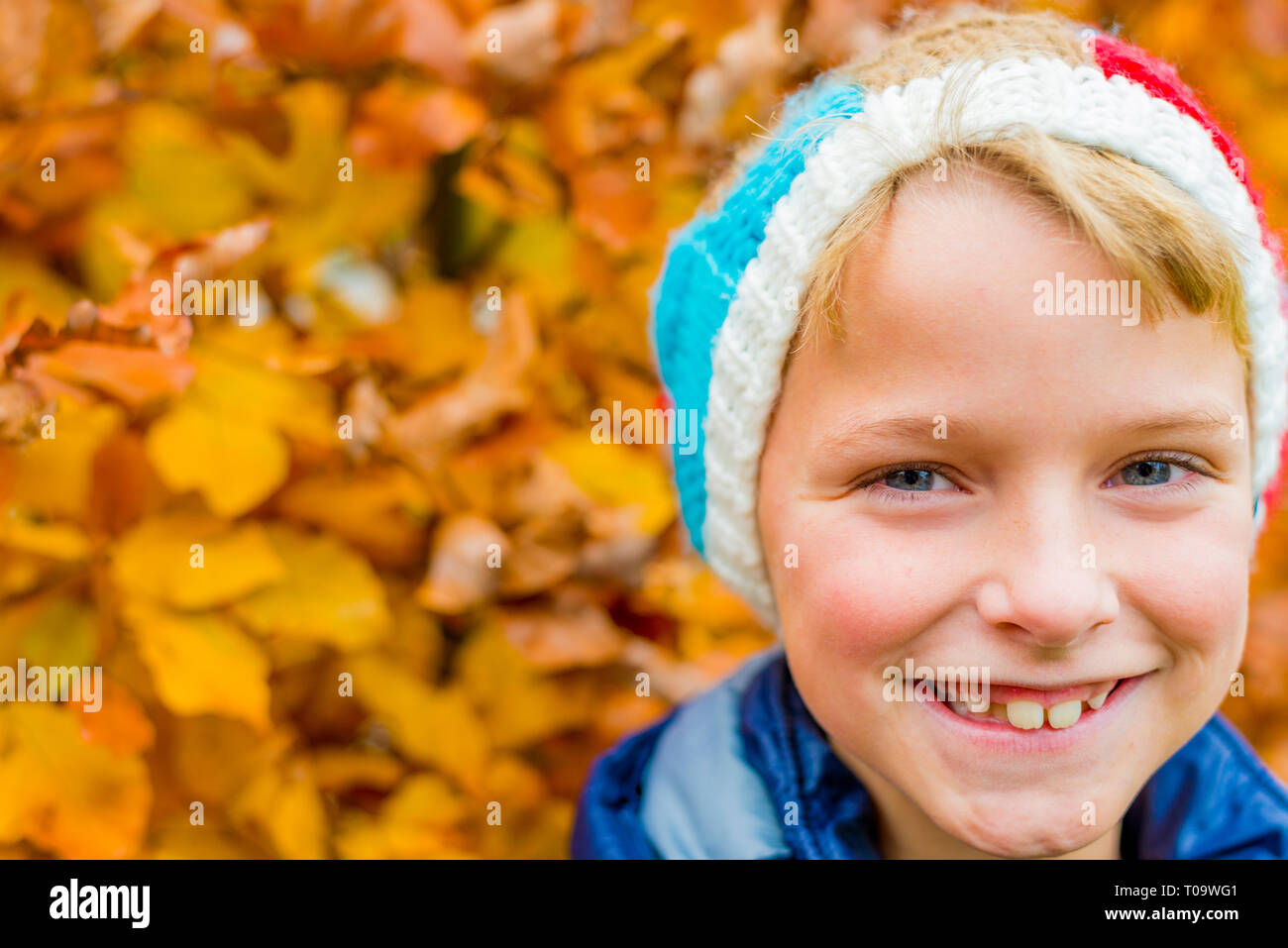 Portrait d'un garçon avec un motif de feuilles d'automne dans l'arrière-plan Banque D'Images