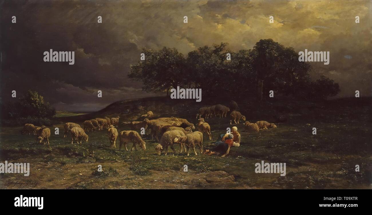 'Sheep' sur un pâturage. France, 1867. Dimensions : 105x202 cm. Musée : Etat de l'Ermitage, Saint-Pétersbourg. Auteur : Charles Émile Jacque. Banque D'Images