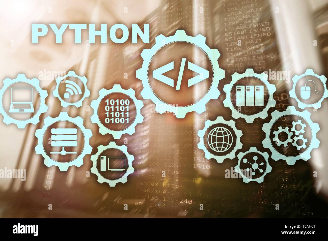Langage de programmation Python sur arrière-plan de la salle serveur. Flux de travail programmation algorithme abstrait concept sur un écran virtuel Banque D'Images