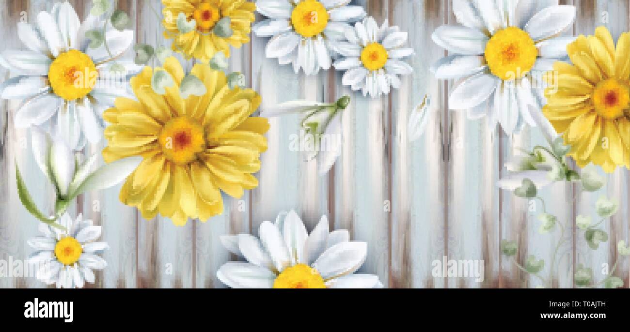Daisy et tulipes fleurs bouquet aquarelle de vecteur. Printemps Été différents. La texture en bois Illustration de Vecteur
