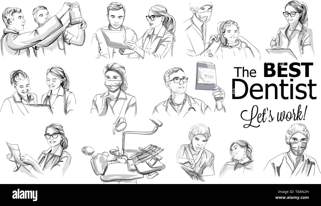Les Médecins Dentistes storyboard Scénario. La notion d'équipe médicale. Le personnel médical des hôpitaux les médecins des équipes infirmières chirurgien vector illustration croquis Illustration de Vecteur