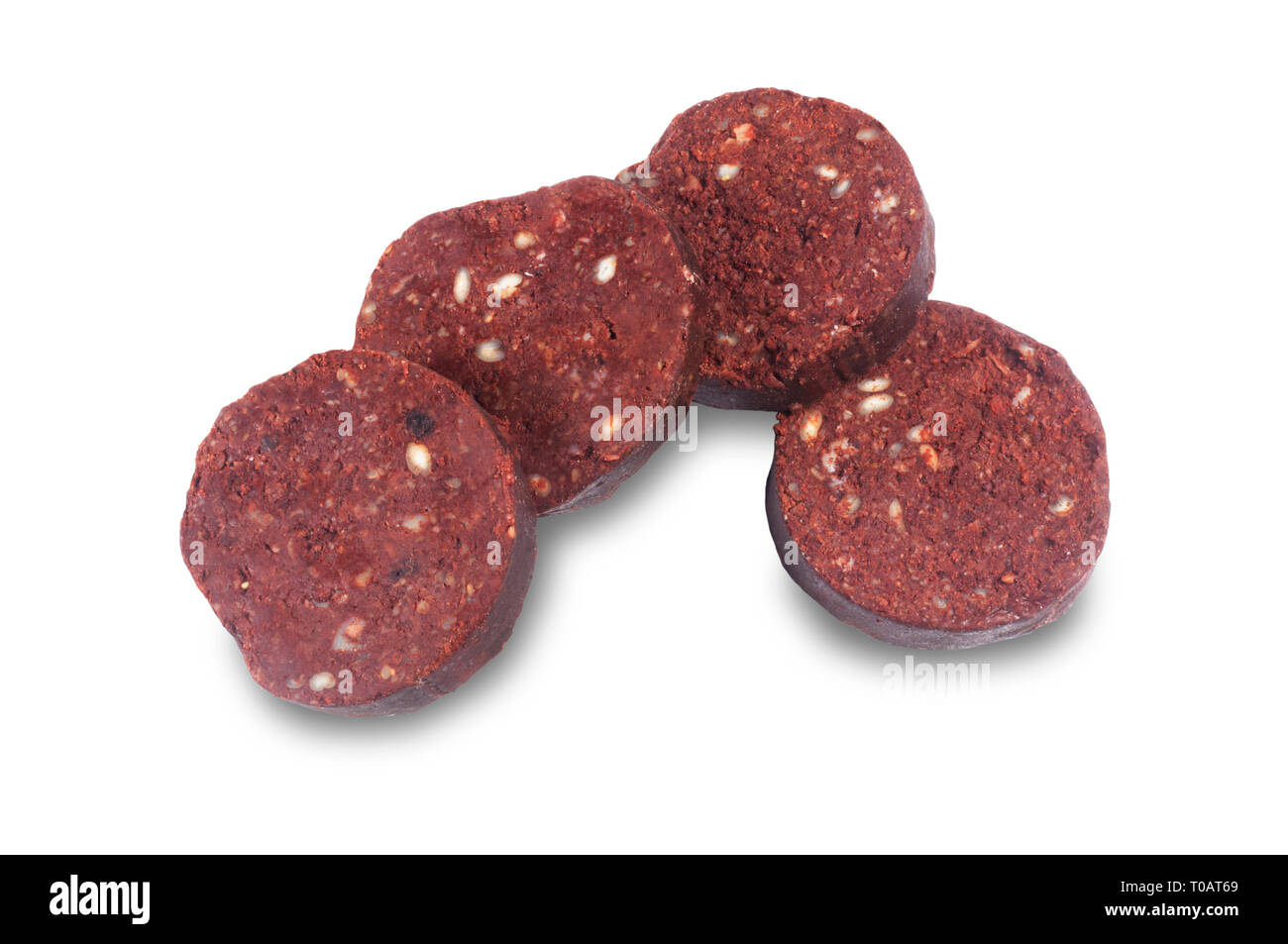 Studio shot of boudin noir isolé sur fond blanc - John Gollop Banque D'Images