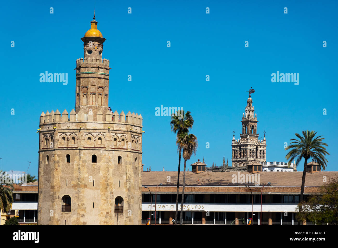 La tour d'Or (Torre del Oro) à côté de la station d'boat​ tour du Guadalquivir à Séville Banque D'Images