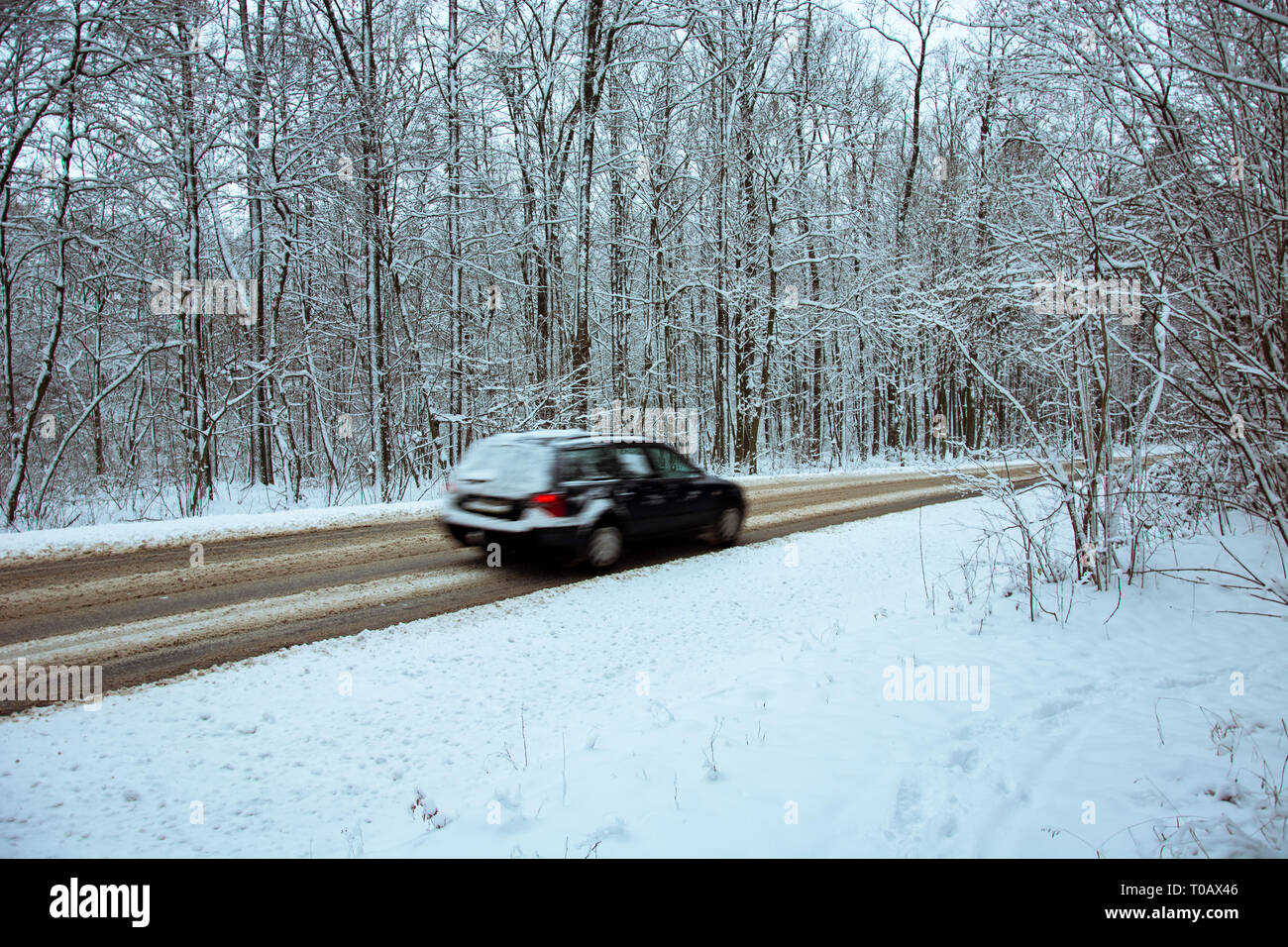 Voiture rapidement conduire à travers les bois jusqu'à la route asphaltée recouverte de neige - une vue floue de la voiture Banque D'Images
