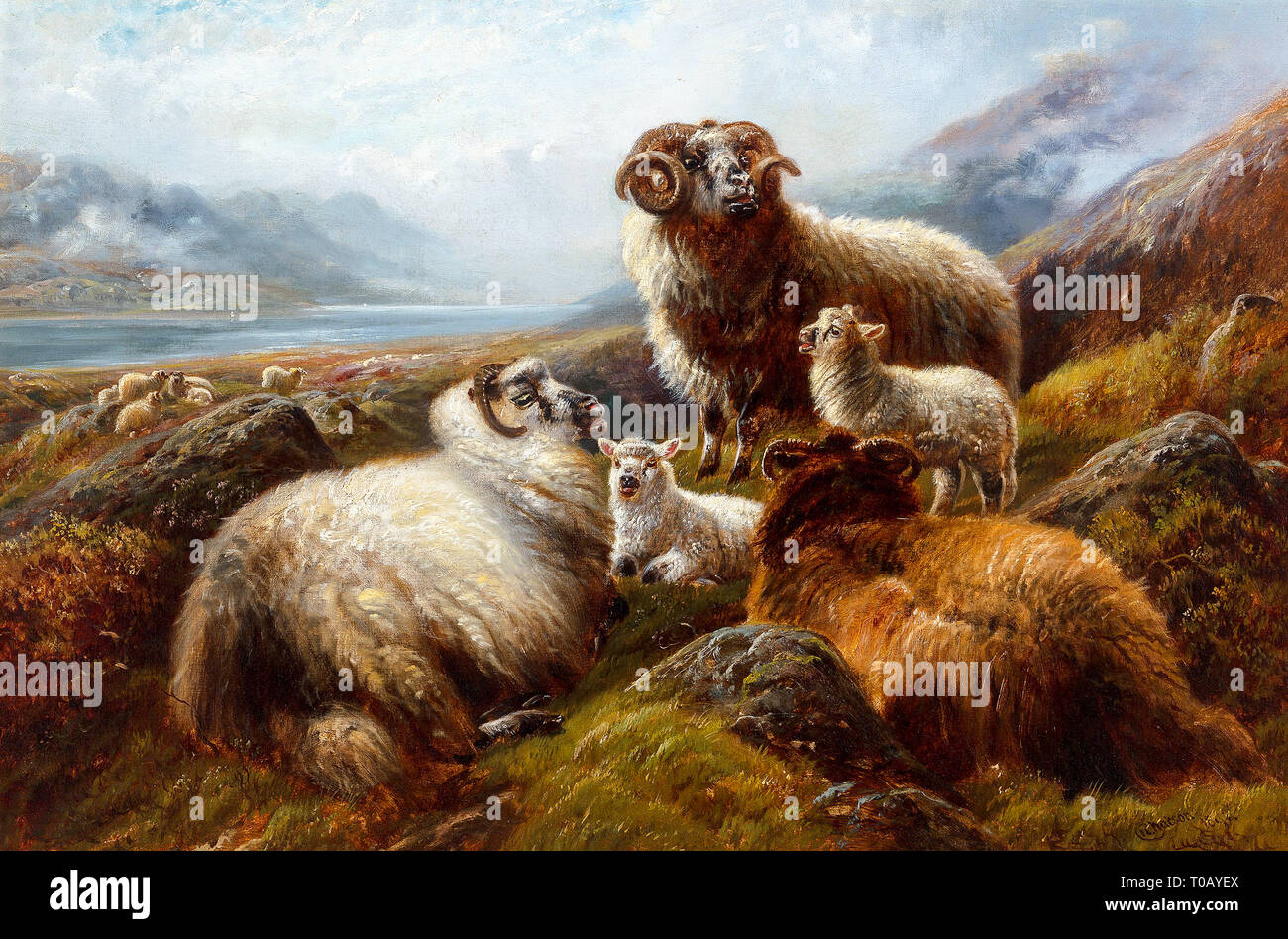 Un paysage des Highlands écossais avec des moutons par Robert Watson Banque D'Images