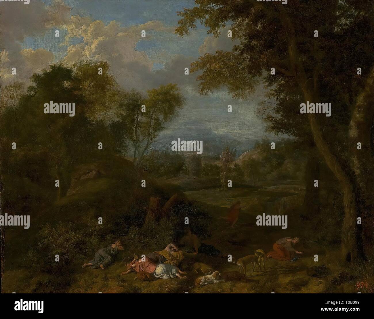 'Paysage arcadien avec nymphes'. au repos Holland, 1680-1690s. Dimensions : 40,6x50,6 cm. Musée : Etat de l'Ermitage, Saint-Pétersbourg. Auteur : Johannes Glauber. Banque D'Images