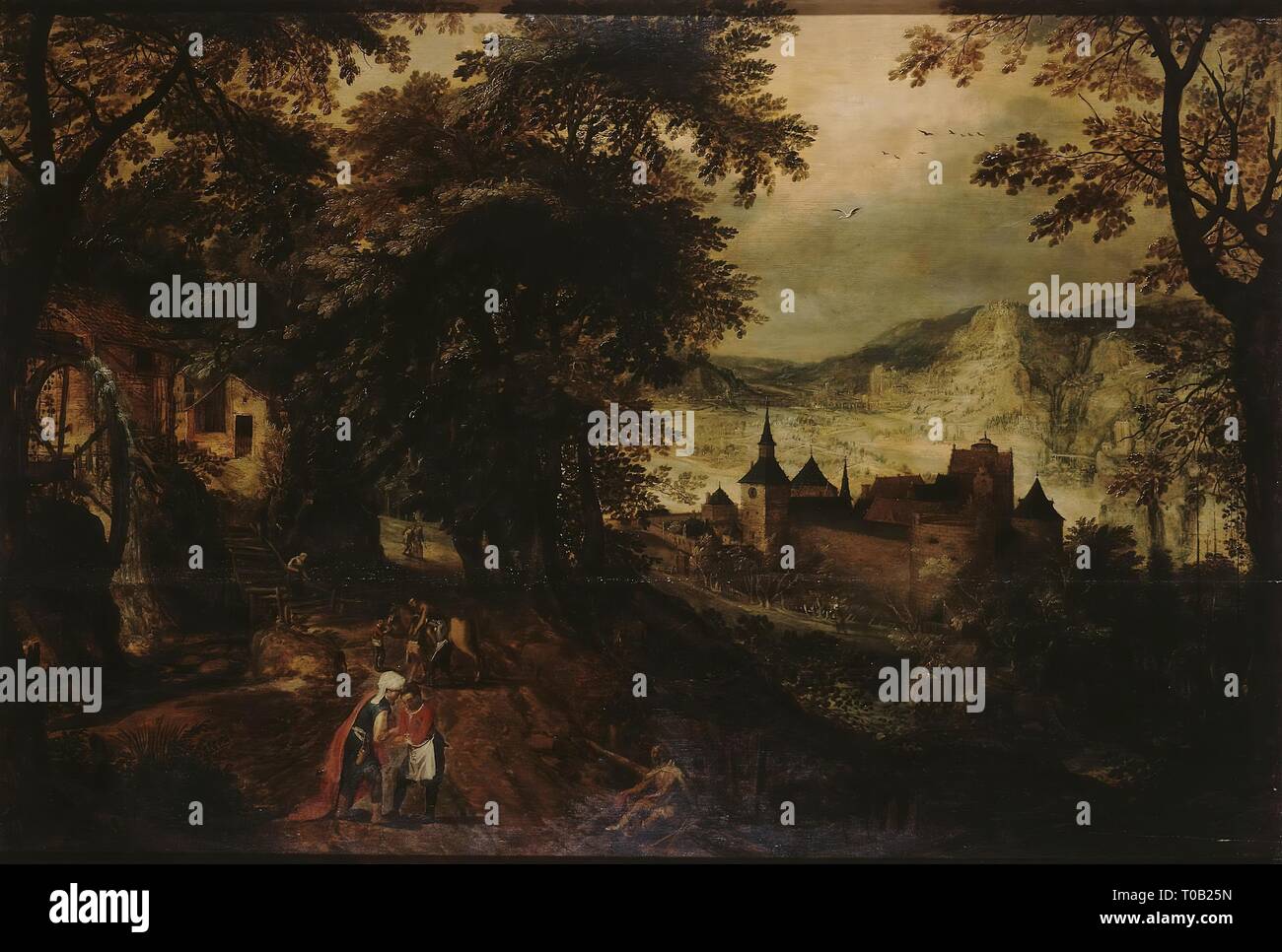 'Paysage avec le Bon Samaritain'. La Flandre. Dimensions : 82x122 cm. Musée : Etat de l'Ermitage, Saint-Pétersbourg. Auteur : Adriaen VAN STALBEMT. Banque D'Images