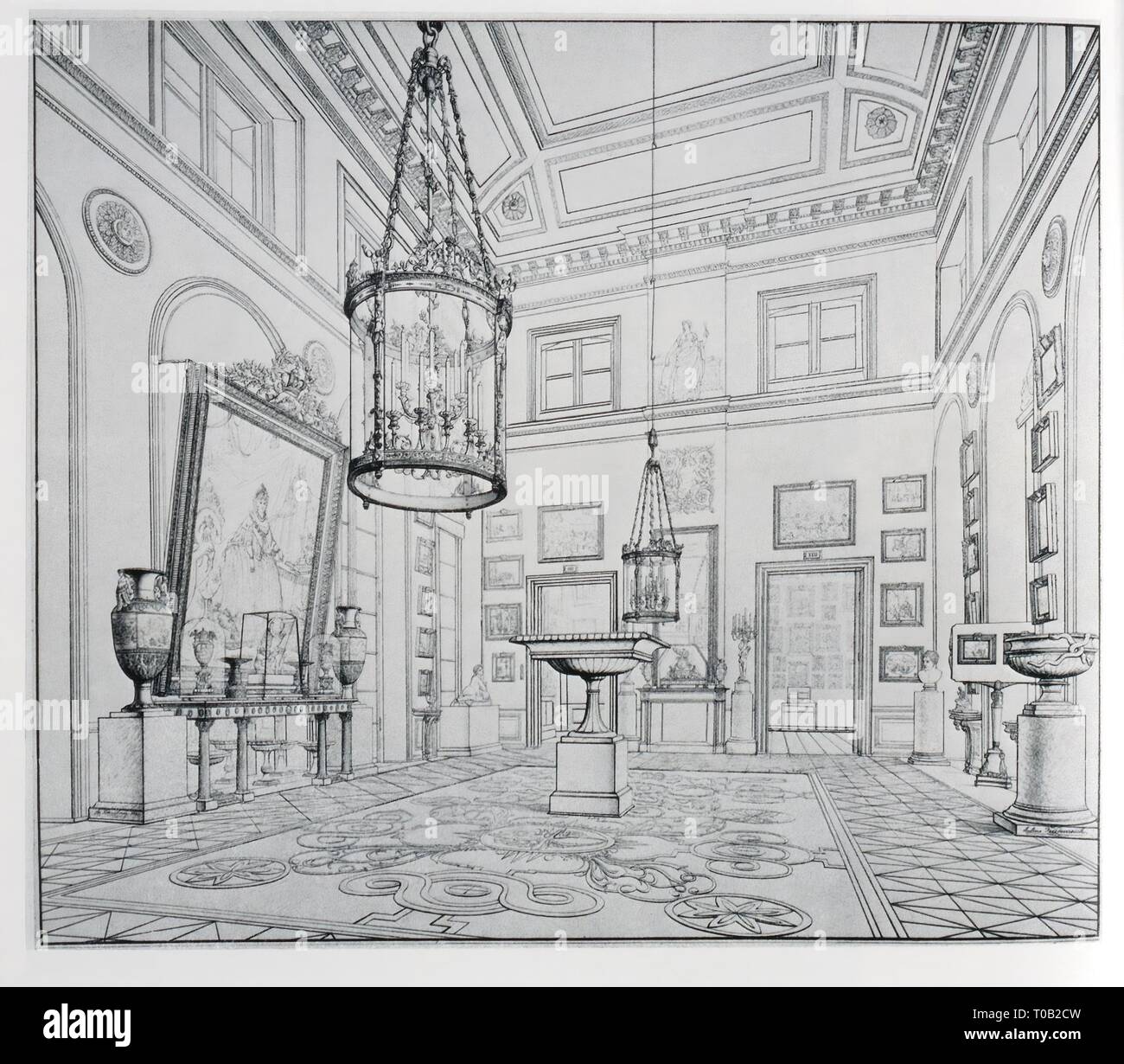 'Le Petit pavillon du nord de l'Ermitage. Avec deux pneus de Windows avant la reconstruction par Andrei Stakenschneider'. La Russie, 1840. Dimensions : 64x67,9 cm. Musée : Etat de l'Ermitage, Saint-Pétersbourg. Auteur : Julius Friedenreich. Banque D'Images