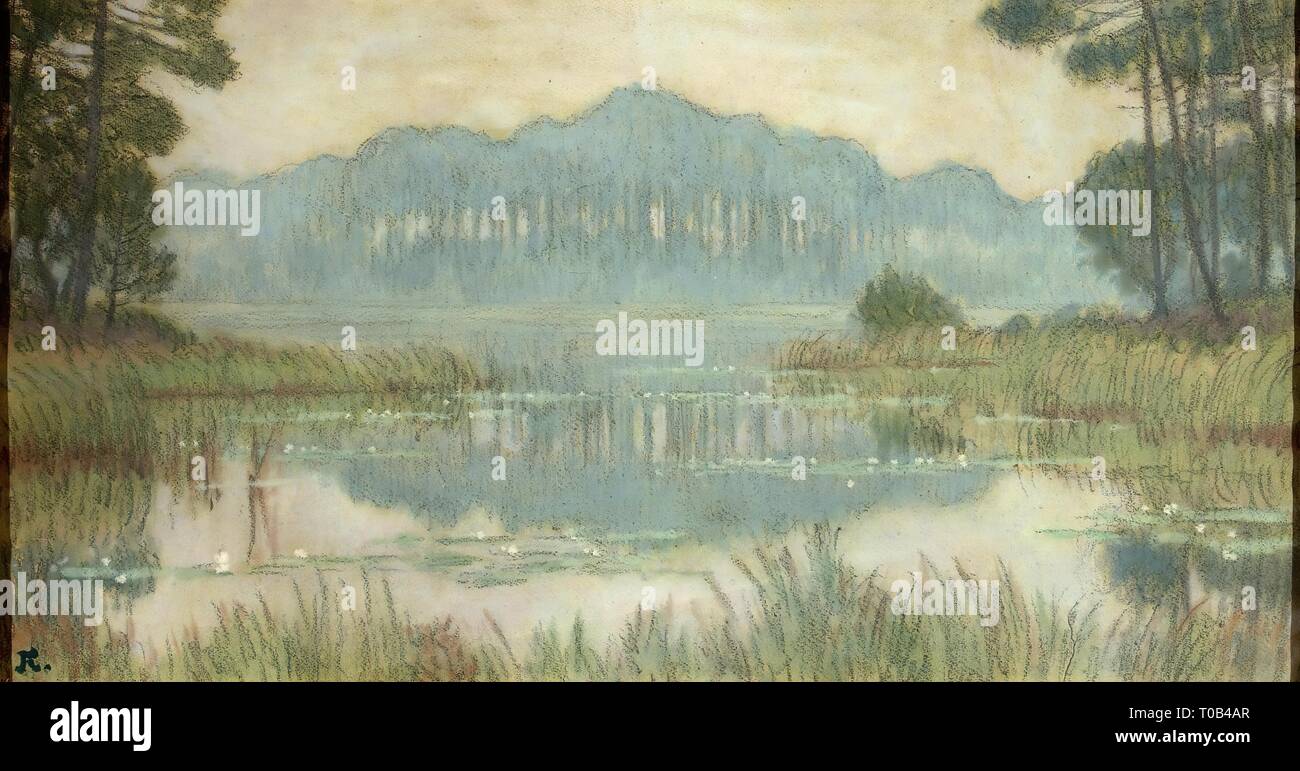 'Paysage avec étang envahi par'. La France, vers 1899/1903. Dimensions : 40x74,4 cm. Musée : Etat de l'Ermitage, Saint-Pétersbourg. Auteur : JEAN-FRANÇOIS AUBURTIN. Banque D'Images