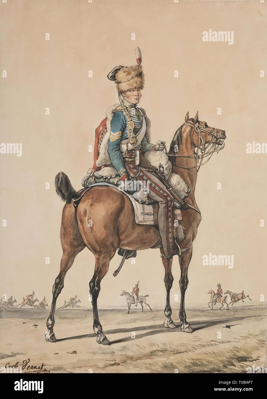 'Anglais de Hussard du 15e Régiment Royal Hussars'. France, années 1810. Dimensions : 39x29,5 cm. Musée : Etat de l'Ermitage, Saint-Pétersbourg. Auteur : Carle Vernet. Banque D'Images