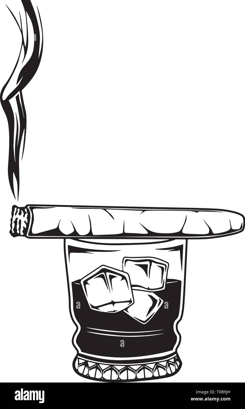 Bouteille de whisky cocktail Liqueur Label Boissons Boire de l'alcool liquide Ice Cube verre de Whisky fumée de cigare Liqueur Boisson Boissons Tabac Illustration de Vecteur
