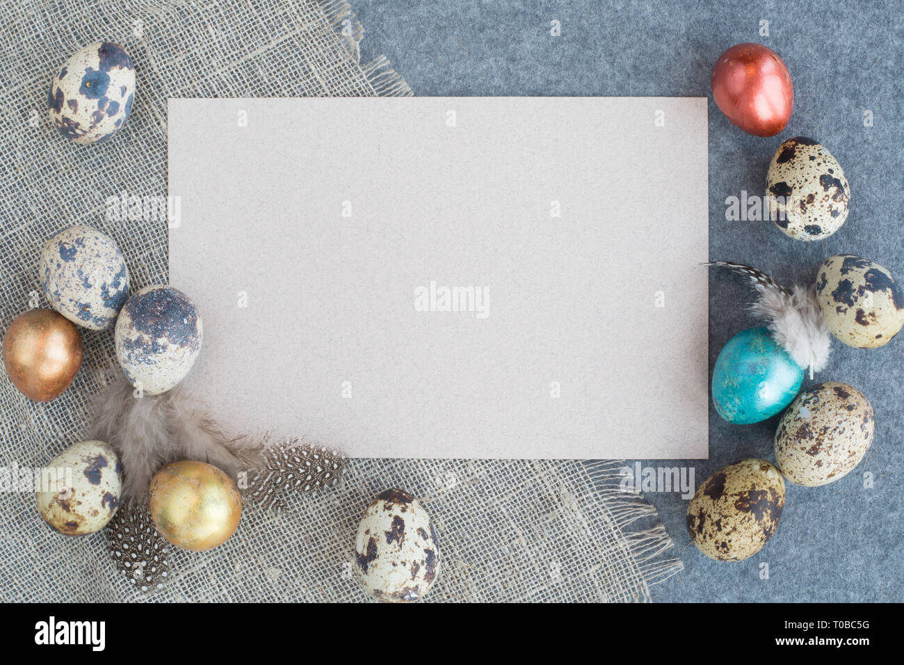 Carte de vœux de pâques avec copie espace pour le texte et une très belle décoration d'oeufs et de plumes sur du tissu de couleur pastel arrière-plan modèle de conception Banque D'Images