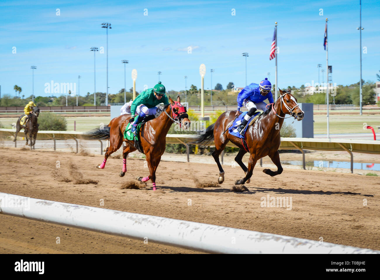Vue de la dernière ligne droite pour chevaux de course à la ligne d'arrivée à la Rillito Park Race Track à Tucson, AZ Banque D'Images