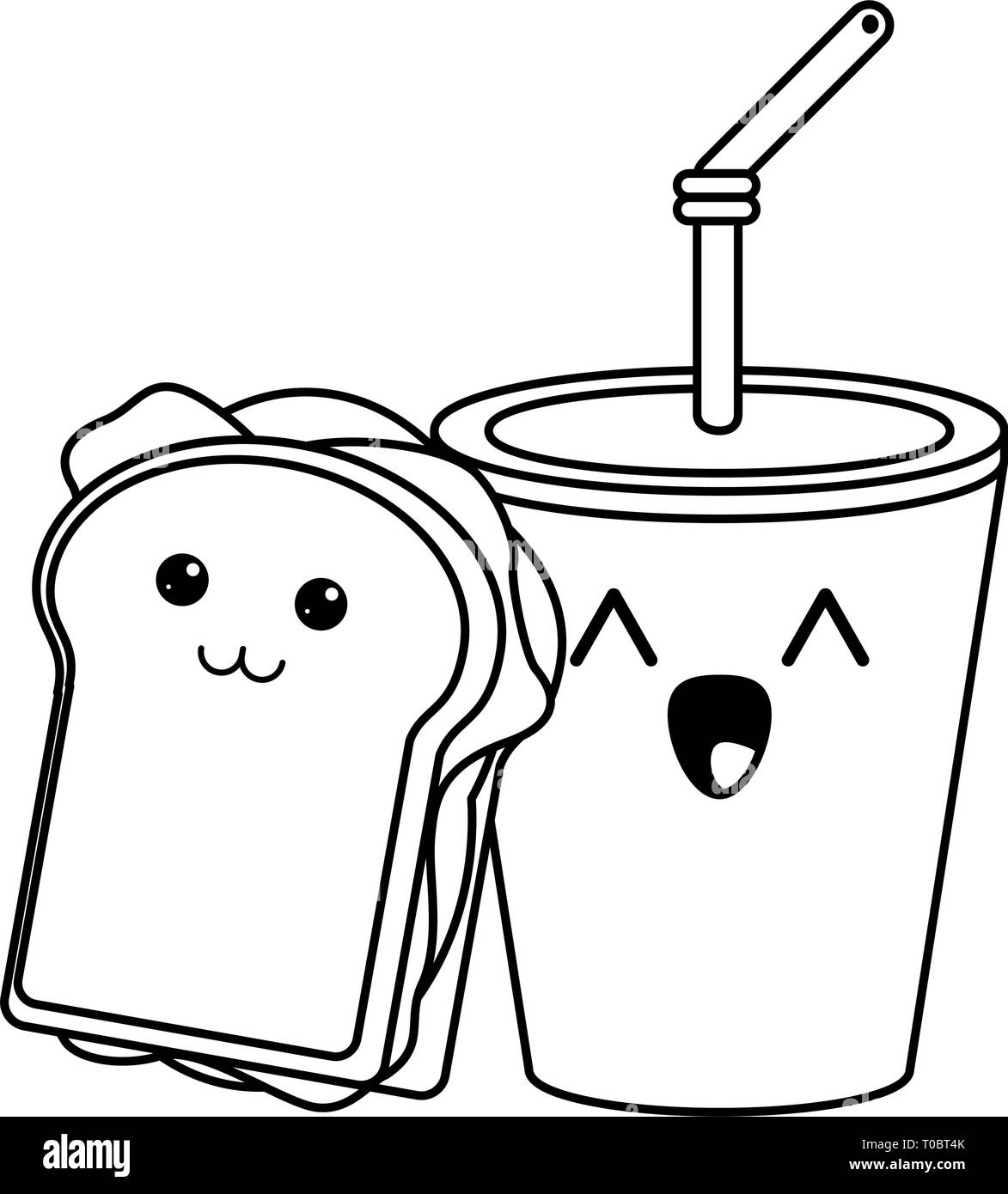 Dessin animé kawaii de restauration rapide en noir et blanc Illustration de Vecteur