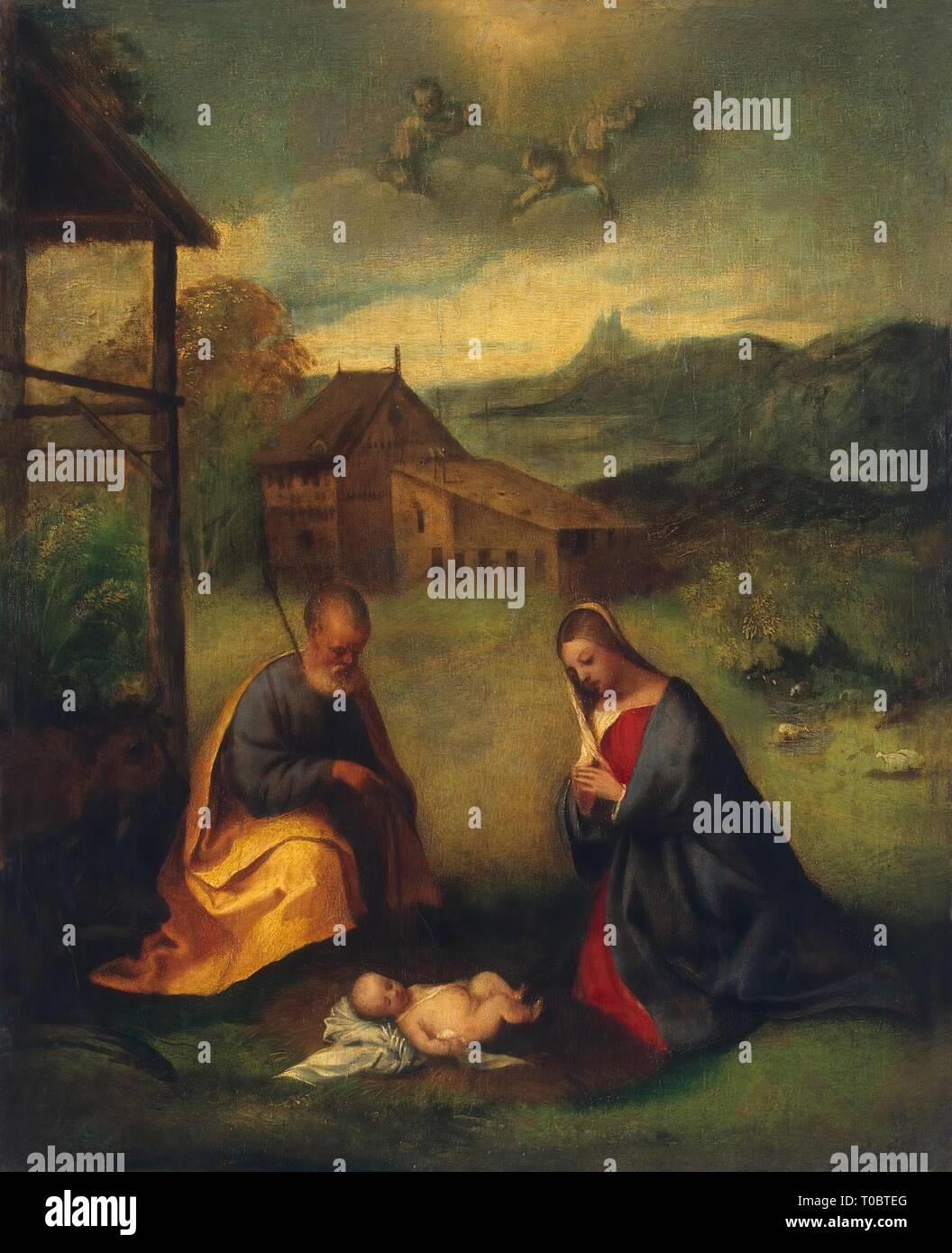 'L'Adoration de l'enfant Christ'. Italie, vers 1506. Dimensions : 46x39 cm. Musée : Etat de l'Ermitage, Saint-Pétersbourg. Auteur : Titien (Tiziano Vecellio). GIORGIONE. Banque D'Images