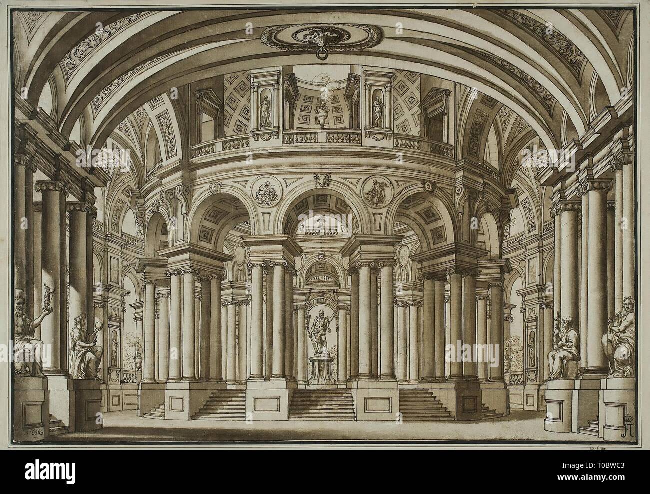 'Intérieur d'une salle de cérémonie avec une statue d'Hercule dans le centre". L'Italie, entre 1728 et 1762. Dimensions : 35,3x51,9 cm. Musée : Etat de l'Ermitage, Saint-Pétersbourg. Auteur : GIUSEPPE VALERIANI. Banque D'Images