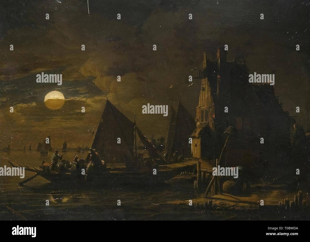 'Moonlight'. Hollande, 17ème siècle. Dimensions : 26x35 cm. Musée : Etat de l'Ermitage, Saint-Pétersbourg. Auteur : Egbert Lievensz van der Poel. Banque D'Images
