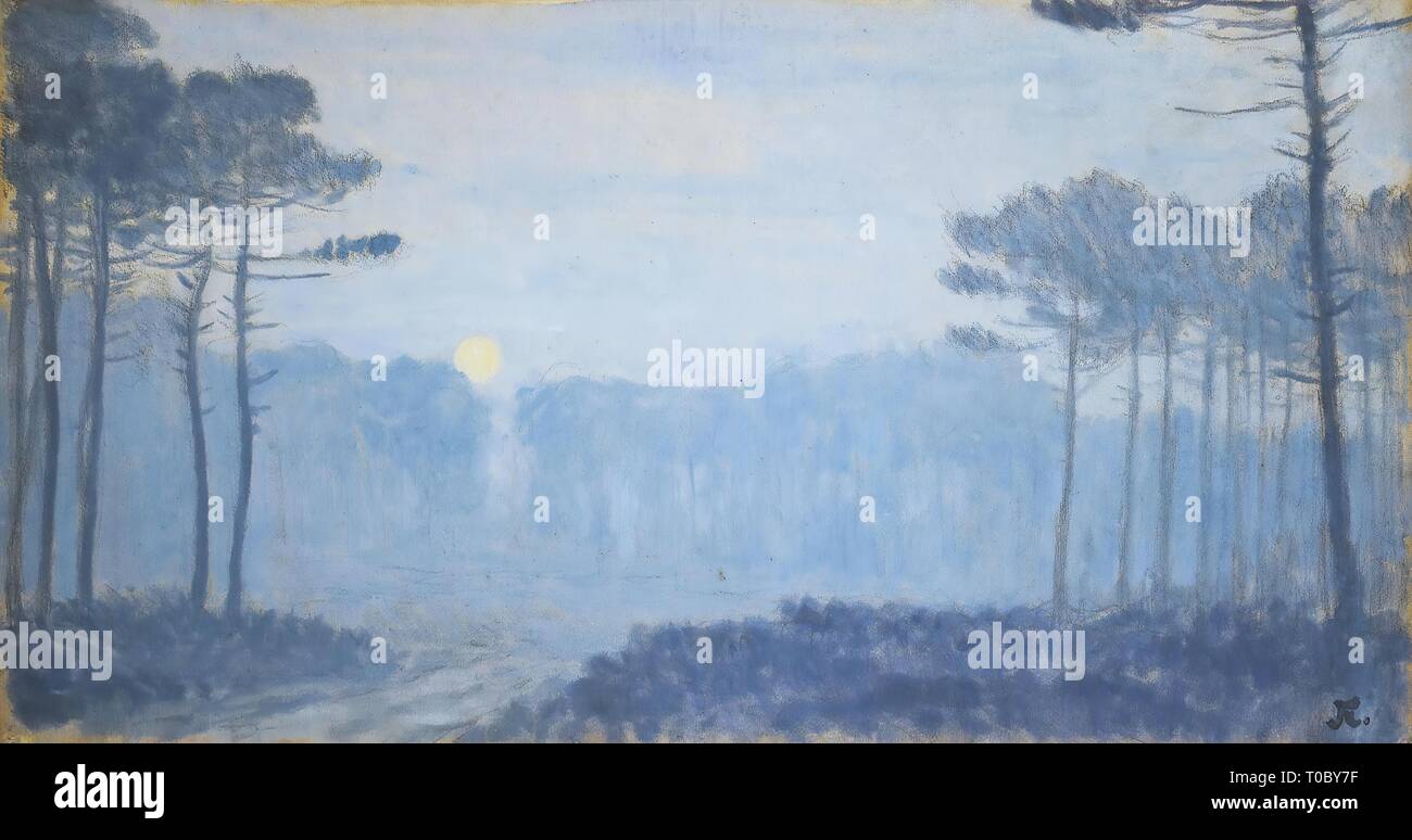 'Paysage de pins à une nuit de lune'. France, années 1890. Dimensions : 39x75 cm. Musée : Etat de l'Ermitage, Saint-Pétersbourg. Auteur : JEAN-FRANÇOIS AUBURTIN. Banque D'Images
