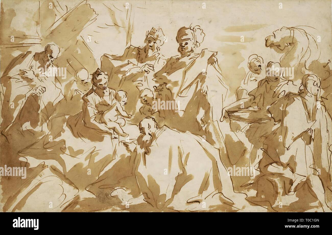 'Adoration des Mages'. Italie, vers 1725. Dimensions : 20,7x32,1 cm. Musée : Etat de l'Ermitage, Saint-Pétersbourg. Auteur : GIOVANNI ANTONIO PELLEGRINI. Banque D'Images