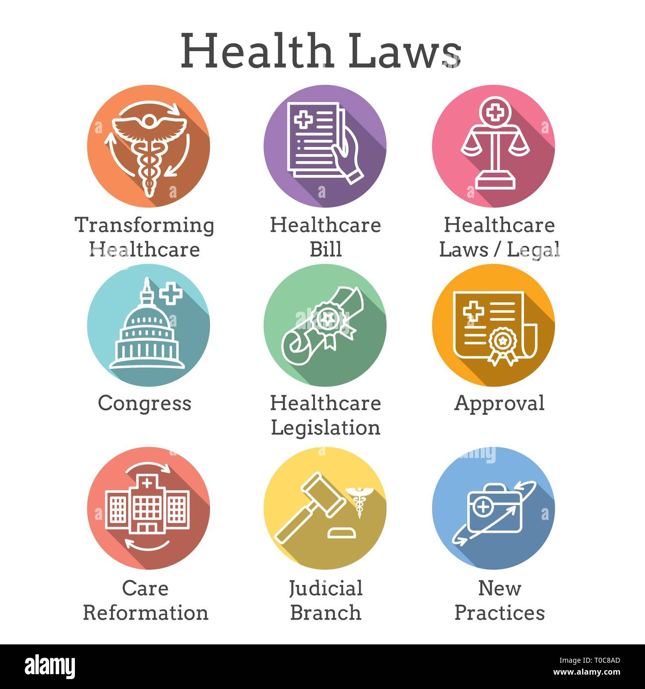 Les lois de santé et juridiques icon set | divers aspects du système juridique Illustration de Vecteur
