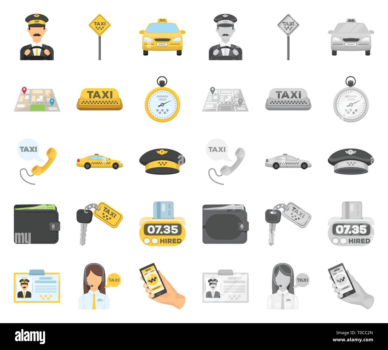 Badge,chauffeur,cap,calcul, voiture,  carte,caricature,collection,mono,design,dispatcher,chauffeur,,tarif,verre,icône  illustration,Key,feux,trousseau,site,argent,micro,opérateur,parking  gratuit,téléphone,passager,photographie,sac à main,route,bord ...