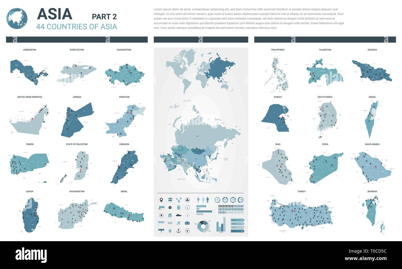 Jeu de cartes vectorielles. Des cartes détaillées des 44 pays d'Asie avec division administrative et villes. Carte politique carte Asie continent, carte du monde, g Illustration de Vecteur