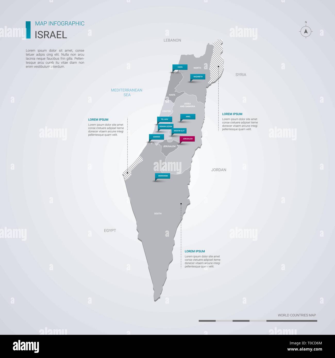 Israël carte vectorielle avec éléments infographique, pointeur marques. Modèle modifiable avec les régions, les villes et capitale Jérusalem. Illustration de Vecteur