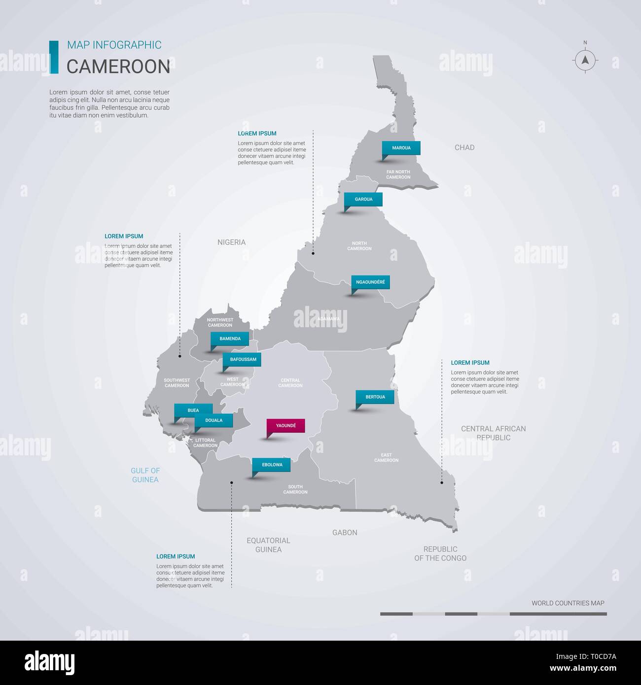 Cameroun carte vectorielle avec éléments infographique, pointeur marques. Modèle modifiable avec les régions, les villes et capital Yaounde. Illustration de Vecteur