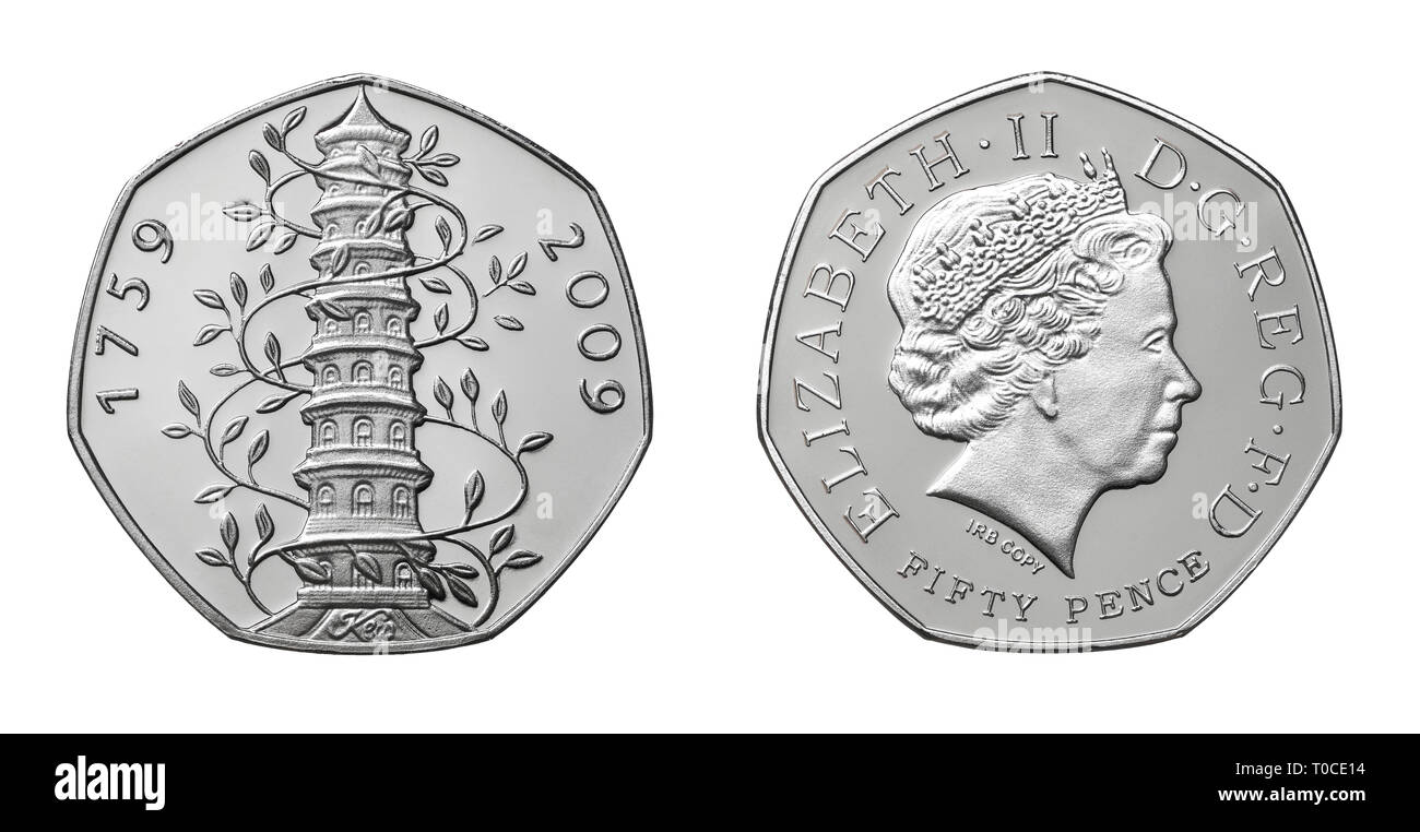 L'avant et l'arrière d'une réplique de l'épreuve du Kew Gardens cinquante pence pièce de monnaie. Banque D'Images