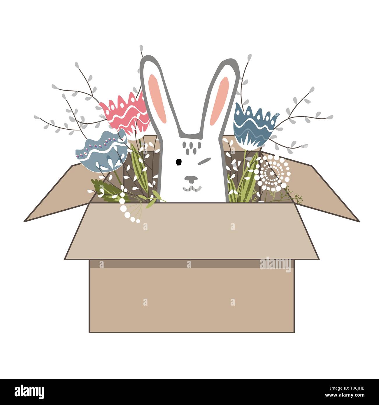 Hand drawn vector illustration of cute bunny girl romantique avec une fleur dans la boîte en carton. Imprimer peut être utilisé pour les enfants ou les bébés shirts, conception de Pâques. Illustration de Vecteur