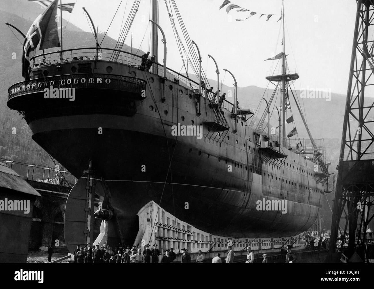 Navire de formation Cristoforo Colombo avant le lancement, Castellammare di Stabia, 1928 Banque D'Images
